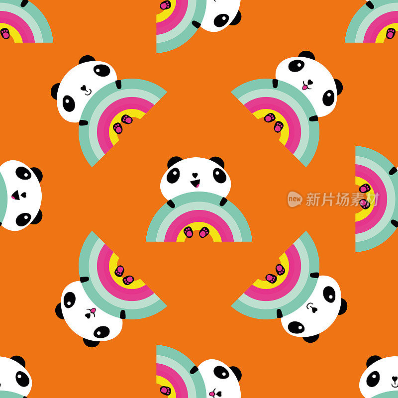 Kawaii panda rainbow seamless vector pattern background. Backdrop with cute black and white sitting cartoon bears holding on to rainbows. Laughing and smiling animals. Summer all over print for kids